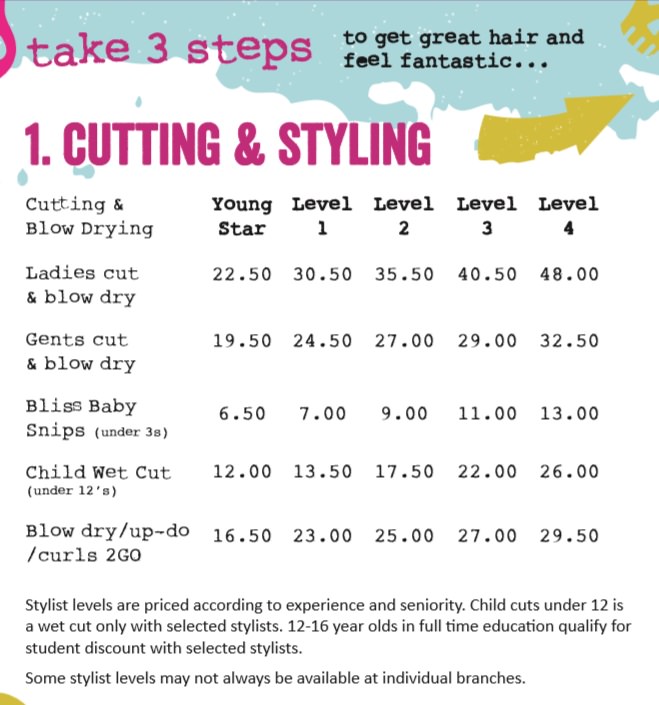Cut & Style Prices at Bliss Hair Salons in Nottingham & Loughborough