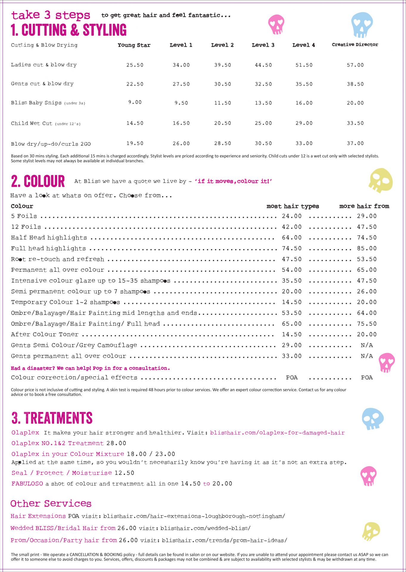 Price List For services at Bliss Hair Salons in Nottingham & Loughborough