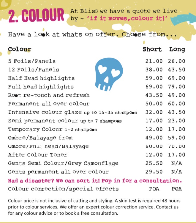 Hair Colour Prices at Bliss Hair Salons in Nottingham & Loughborough
